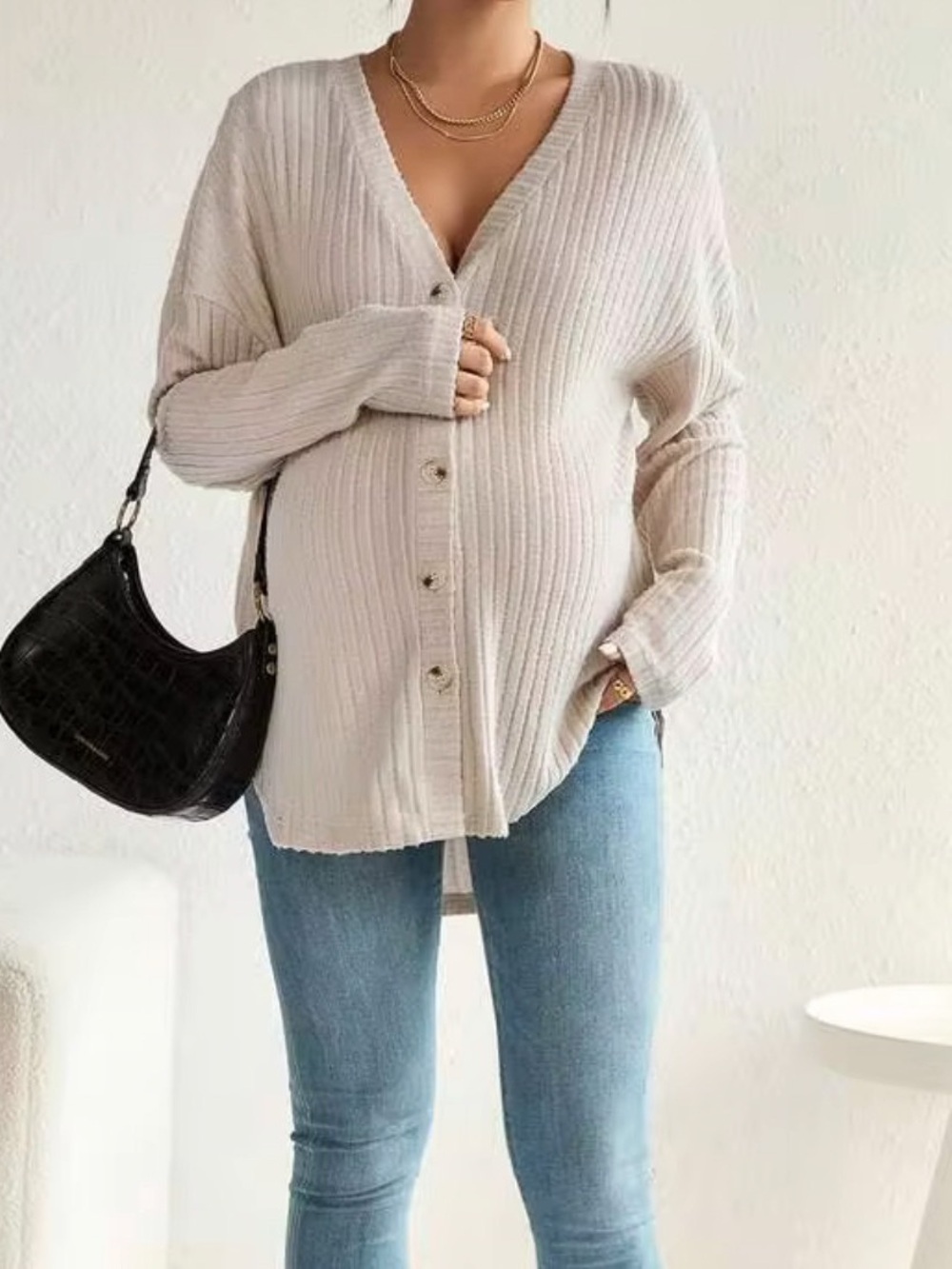 Maternity Drop Shoulder Ribbed Knit Tee With Long Sleeve - apricot - XL